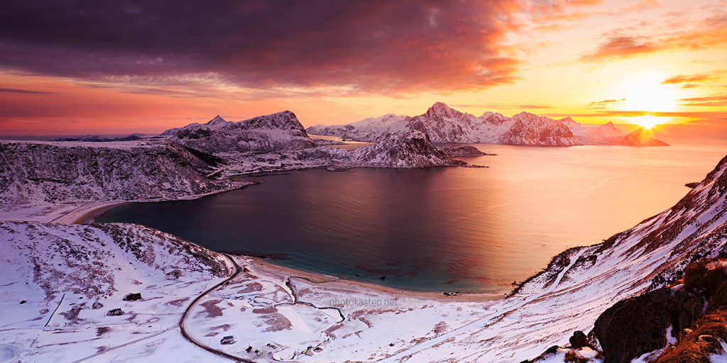 Norway, Winter, Panorama, Lofoten, Vikspollen, Haukland, Mountains, Snow, Sunset
